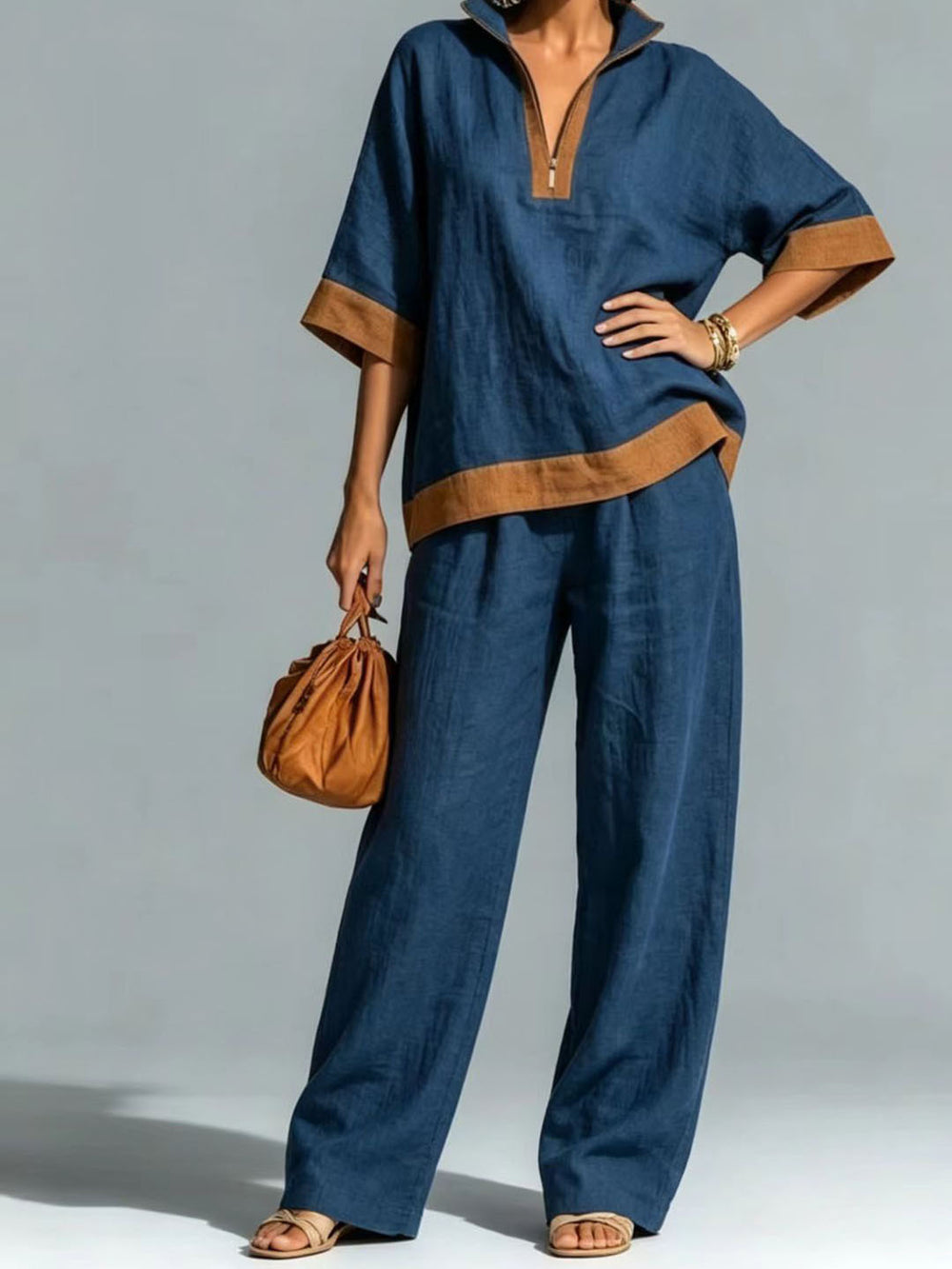 fashionsummernew arrivalcontrast color linen casualsuit half zip stand collar topsloose pants two pieces