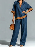 fashionsummernew arrivalcontrast color linen casualsuit half zip stand collar topsloose pants two pieces