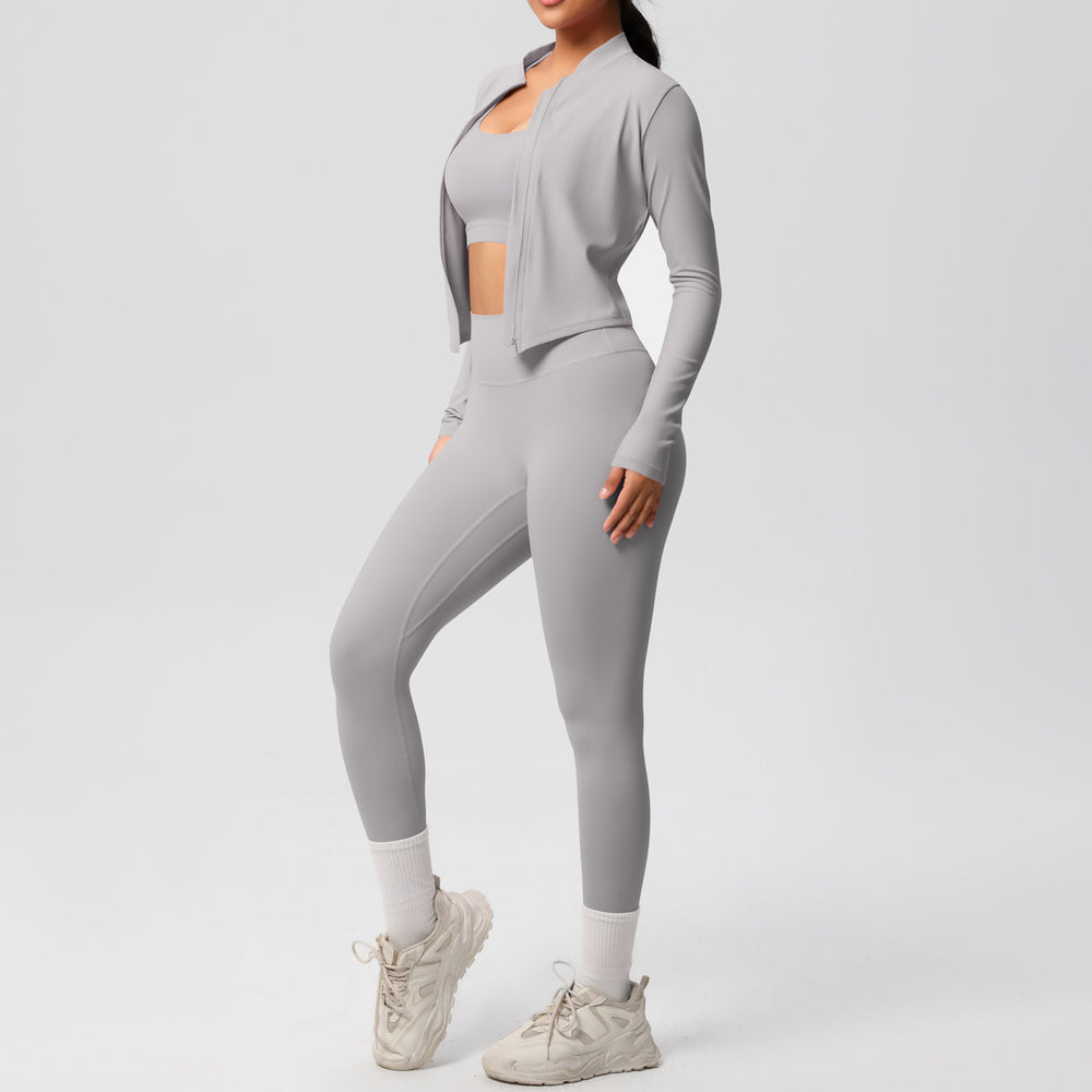 fashionpure color double-sided brushed tight sports yoga clothes three-piece set running fitness yoga clothes suit for women