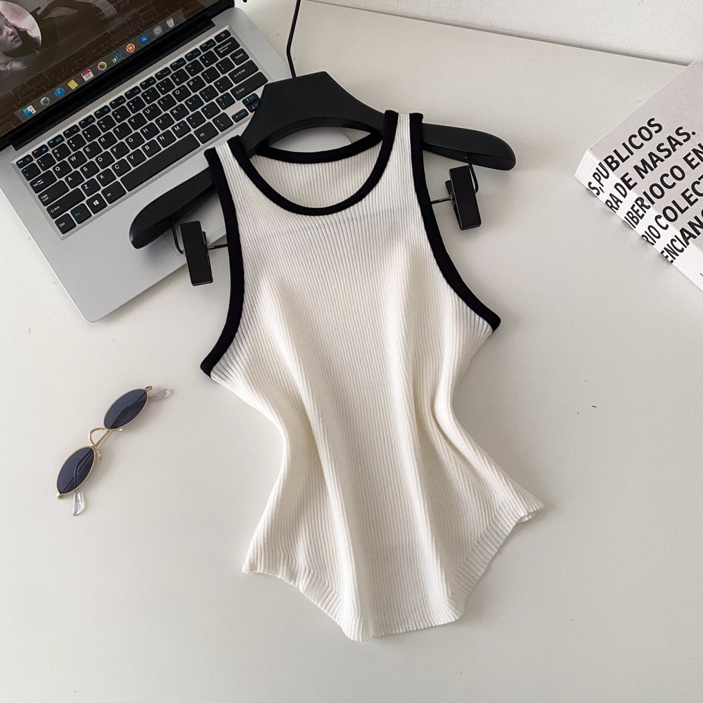 Casual style contrast color edge knittingfashion camisole women's silmeasiest for match sleeveless pullover i-shaped outweartops