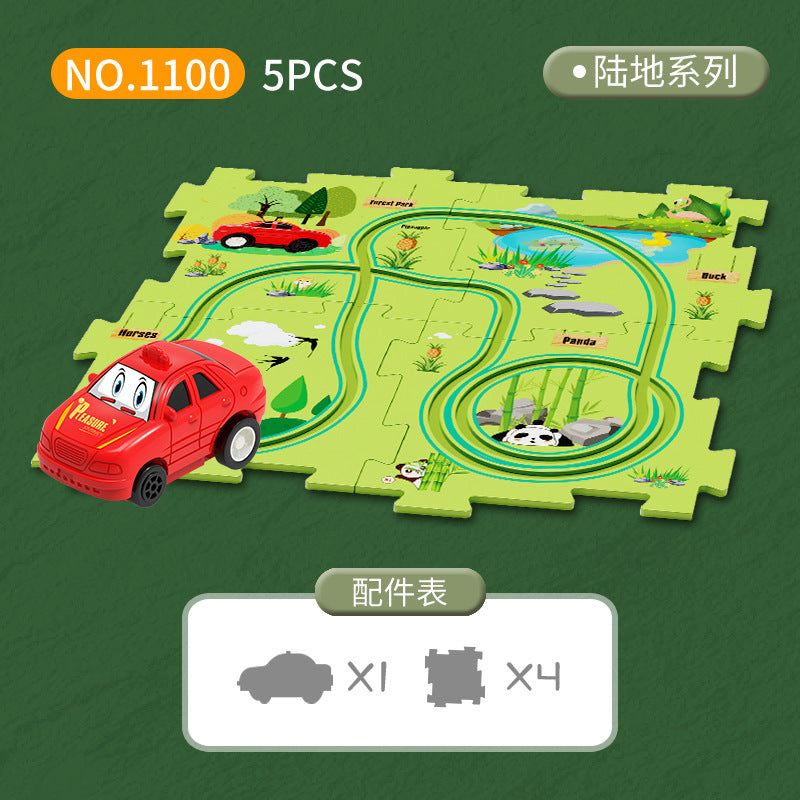 Diy children's educational track car set - multiple scene city map building electric puzzle track car