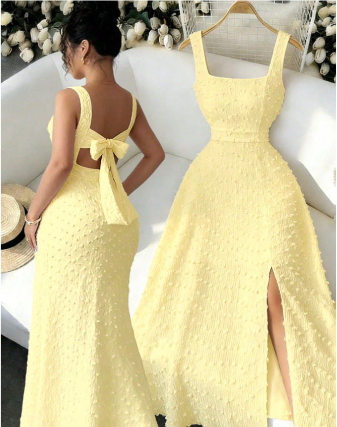 Amazon fashion  summer new arrival square neck sleeveless back bow tie strap sense dress