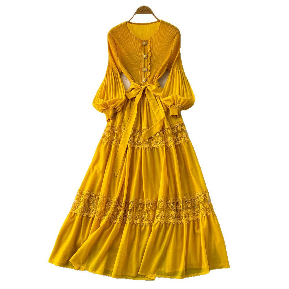 Exportlacepatchworkcut out pleated dress women's long sleeveshigh waista-line skirt large swing high elasticity long skirt