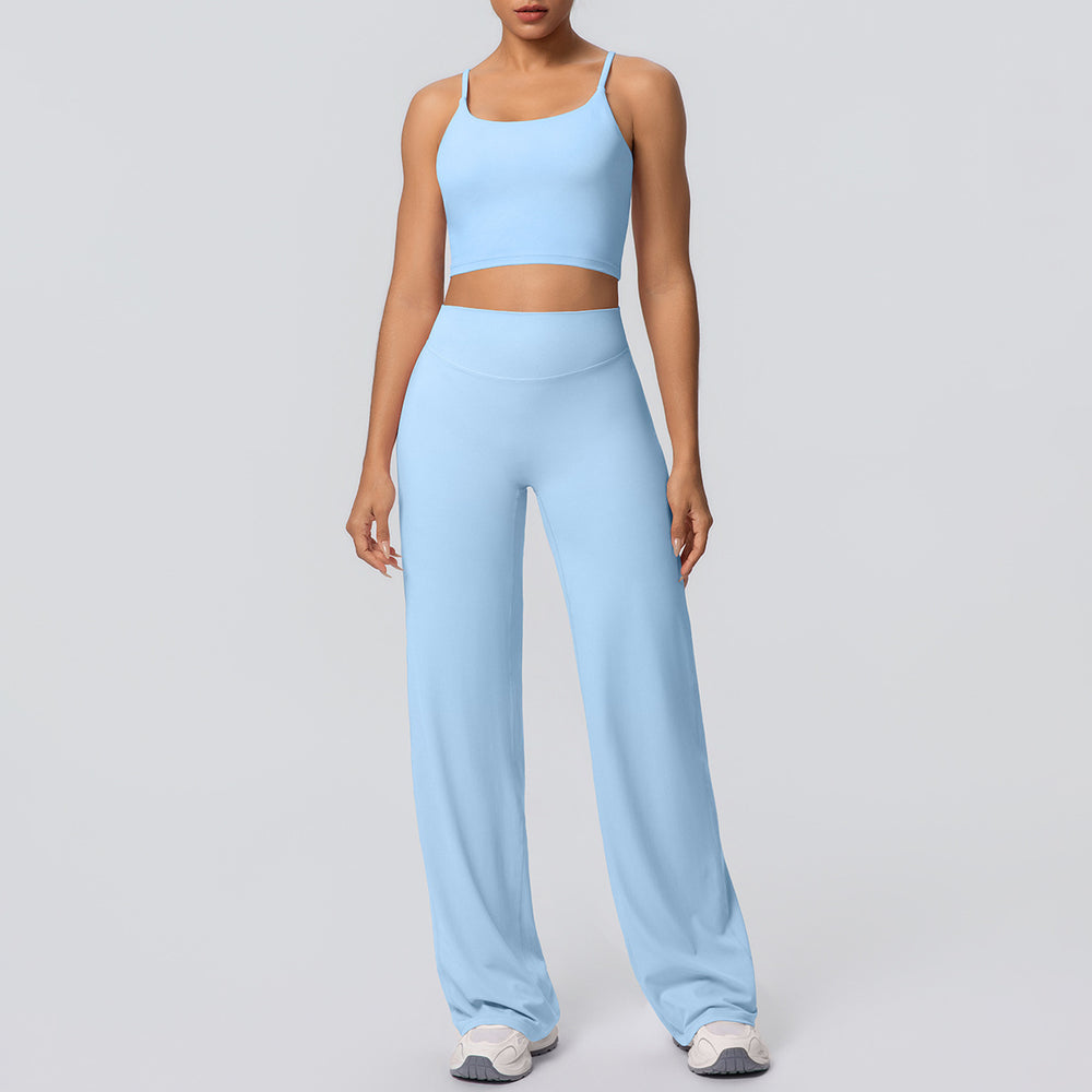 New arrival: cross-border brushed solid color racerback tight-fit breathable wide-leg yoga set - two-piece activewear for running and fitness