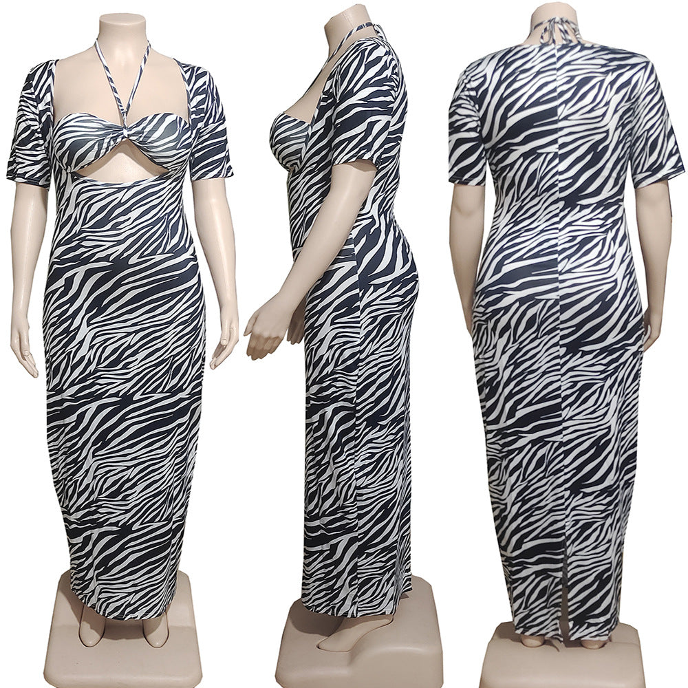 european and american dresses:  sexy women's clothing - black and white print tie-waist short sleeve butt-lifting zipper maxi dress