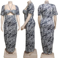european and american dresses:  sexy women's clothing - black and white print tie-waist short sleeve butt-lifting zipper maxi dress