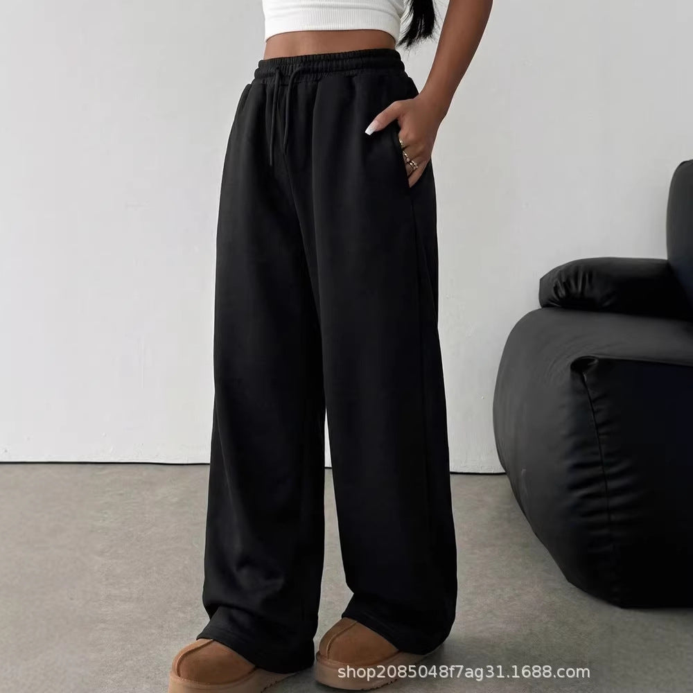Girls' american retro black drawstring pocket wide-leg loose fit fleece-lined straight leg sweatpants