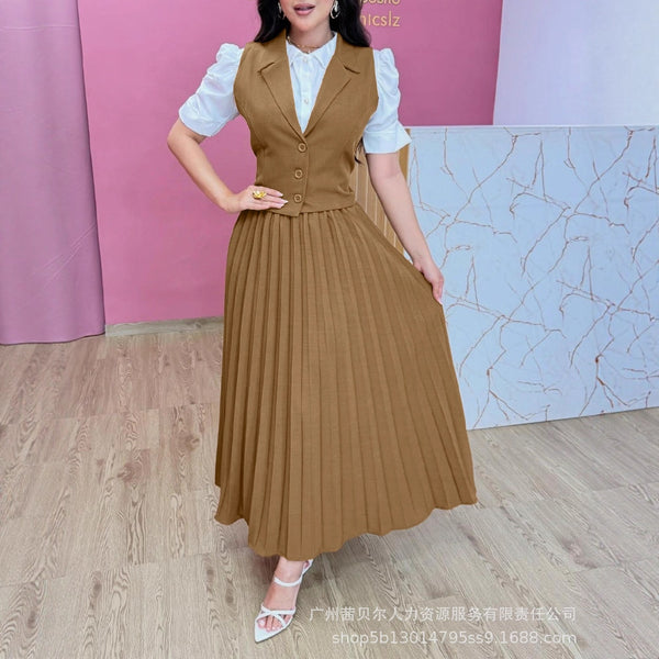ODL2440 Women's Button Vest Top + Folded Skirt Set