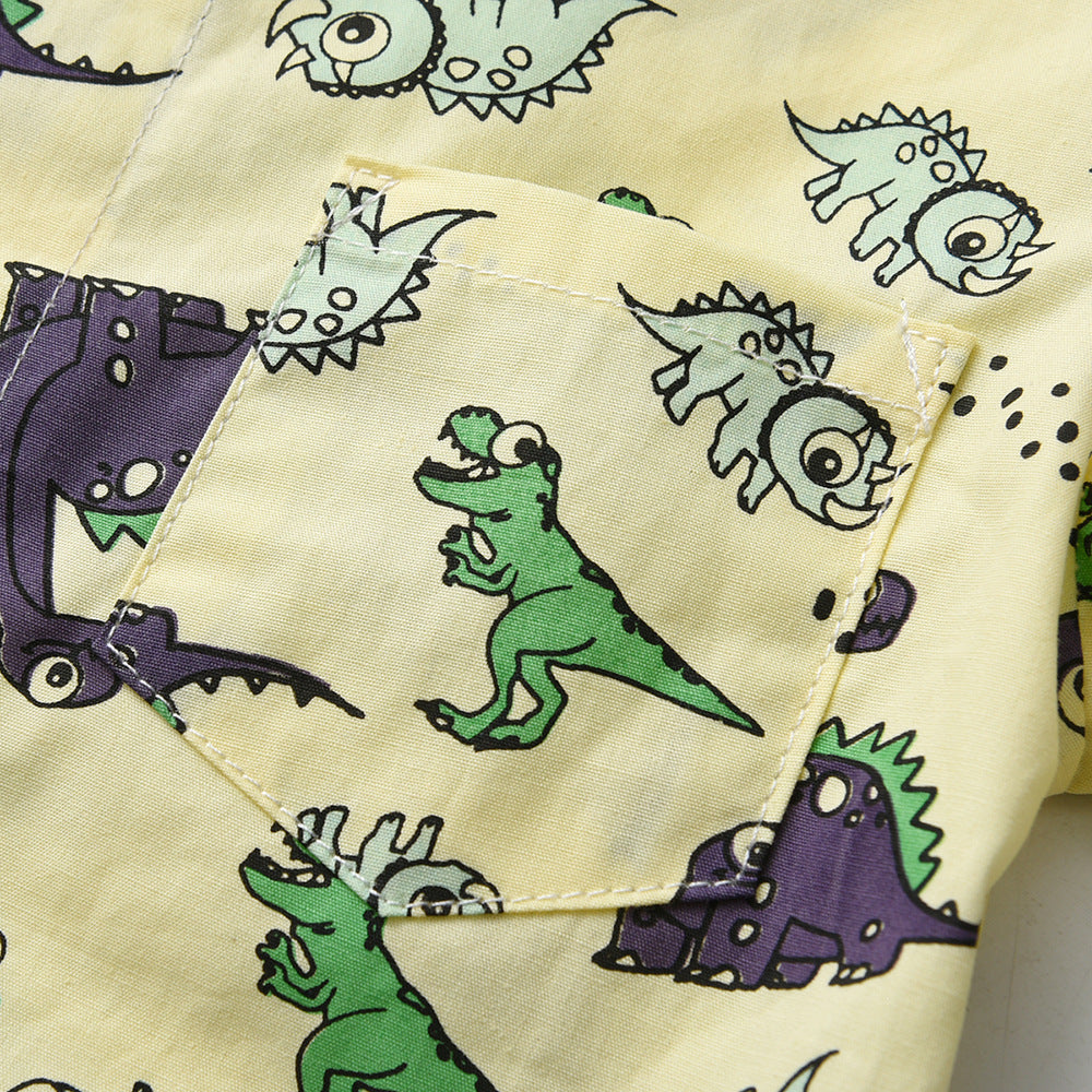 European and american cross-border new children's short-sleeve shirt printed boy's outfit cartoon dinosaur overalls gentleman's first birthday dress