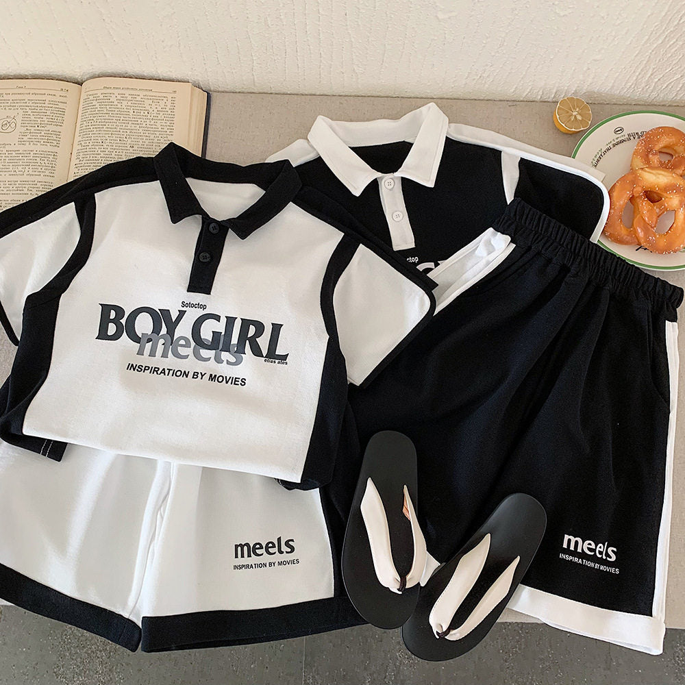 Boys' short-sleeve set - summer  new collection - kids' activewear - boys' summer outfit - waffle knit polo shirt - children's clothing