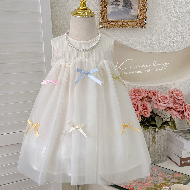 Girls' summer lightweight dress  new style children's sleeveless tank top mesh skirt baby bow princess dress