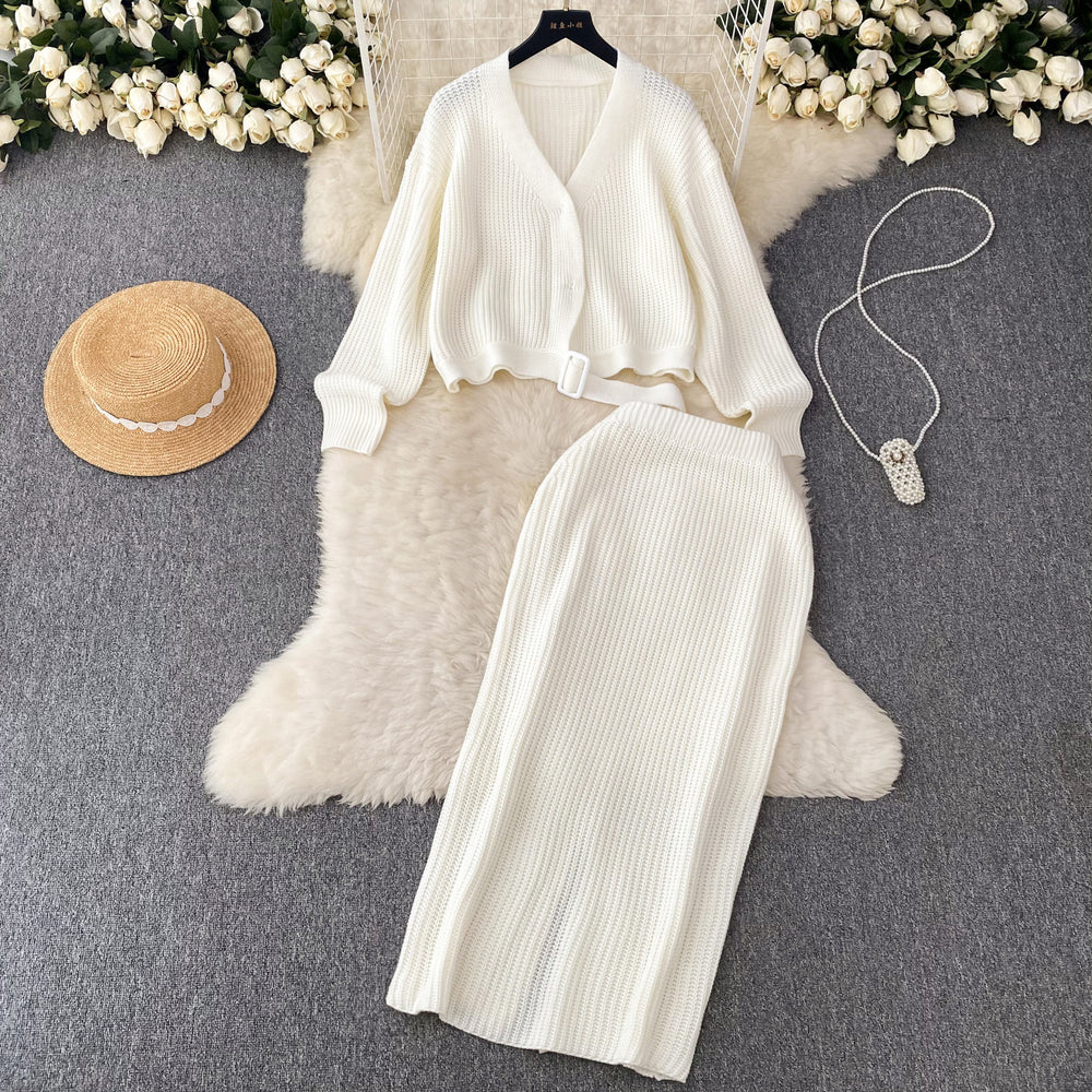 French chic knit set: effortless luxury for women - autumn/winter loose fit long sleeve top + high-waisted midi skirt