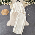 French chic knit set: effortless luxury for women - autumn/winter loose fit long sleeve top + high-waisted midi skirt