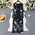 Frenchclassy long sleevesv neck tie dye printing mesh dress women's autum thin tight slimming look hip skirt