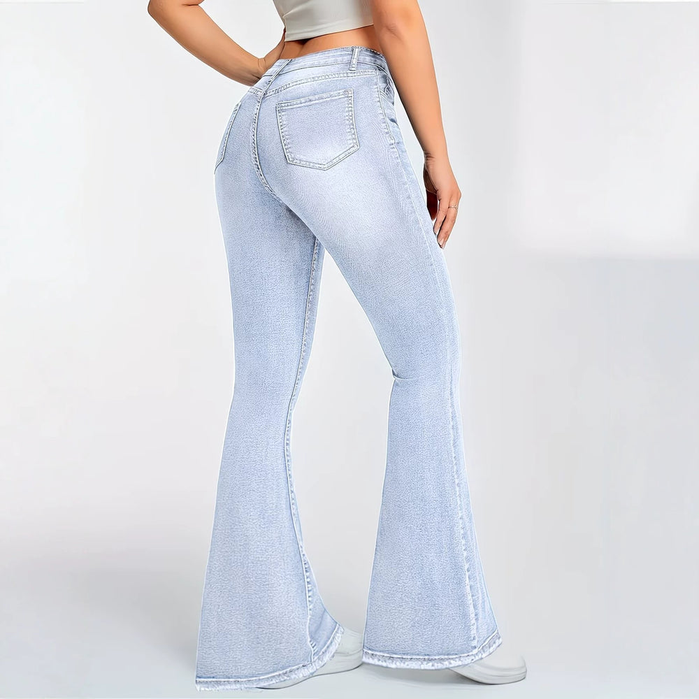 Fashionjeans women's ripped raw edge slightly flared high waist elastic silmslimming look retro washed flared pants spicy
