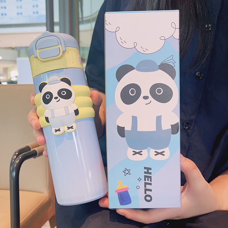 Cartoon red panda straight body insulated water bottle, 316 stainless steel, large capacity, dual-drink kids' water bottle, cute straw cup