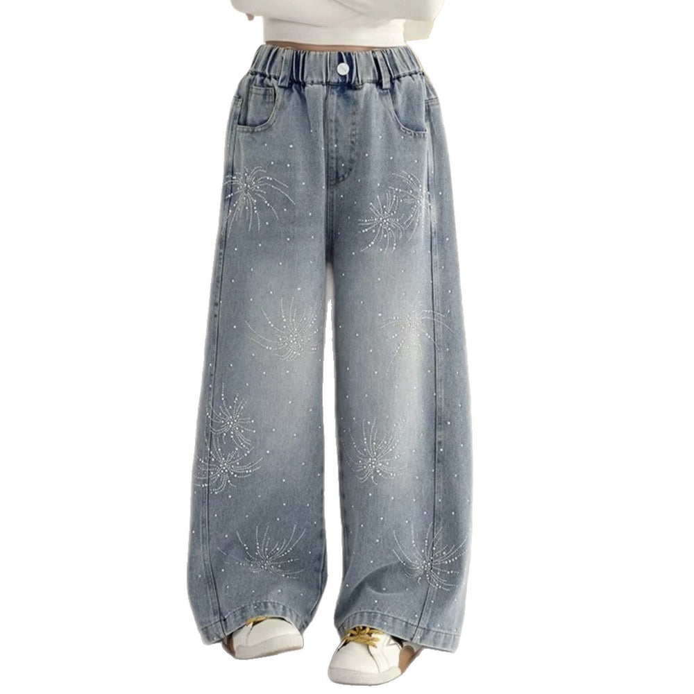 Girls'  new spring/autumn rhinestone fashion jeans, scimitar pants, super stylish straight-leg jeans, sparkling rhinestone versatile pants