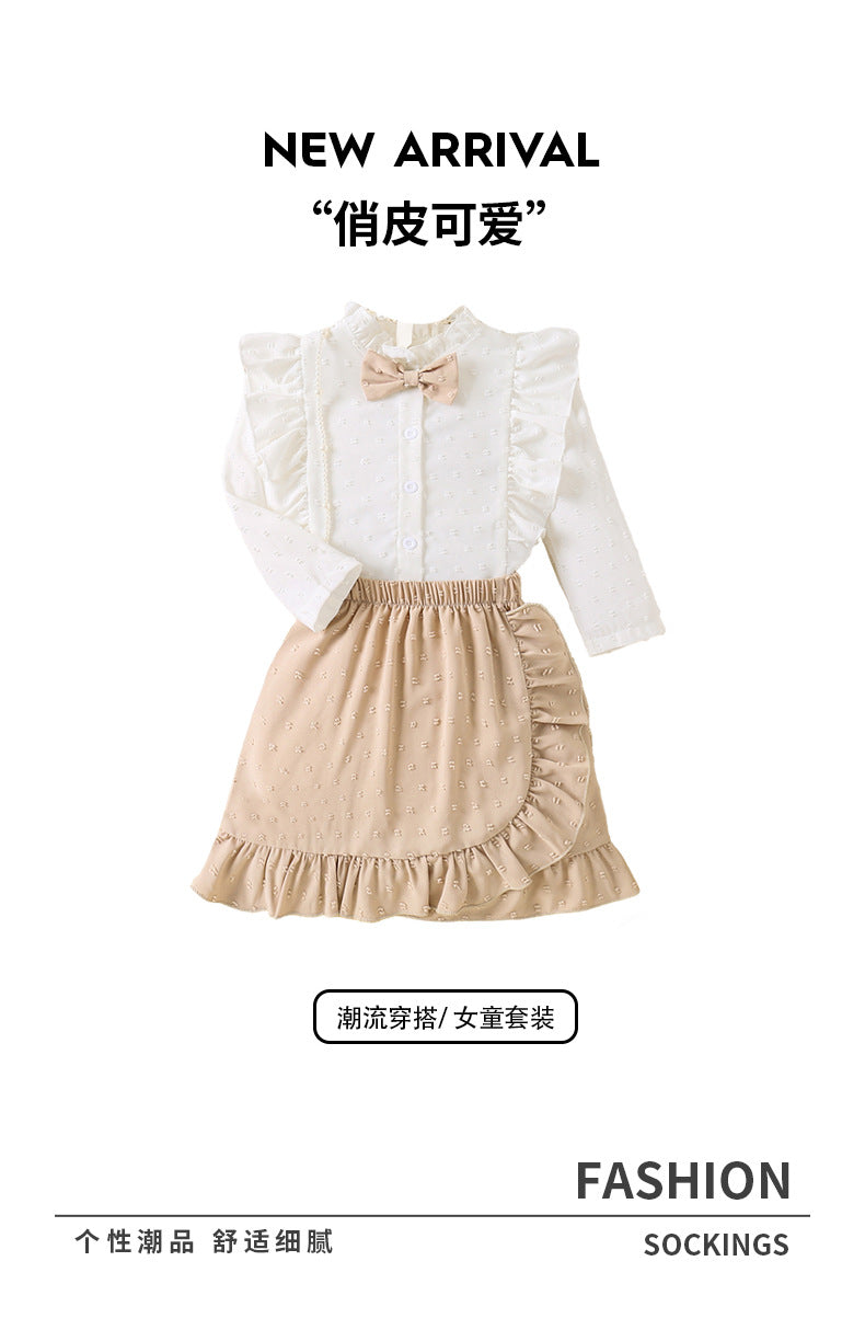 Girls' foreign trade skirt set: lace-trimmed white blouse with bow and ruffle hem skirt - two-piece outfit for kids