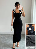 fashion cross-border summer women's three-dimensional pearl strap square neck black slim-fit bodycon dress