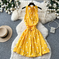 French sweet polka dot halter dress women's summer korean style v-neck backless tie-waist slimming mini dress
