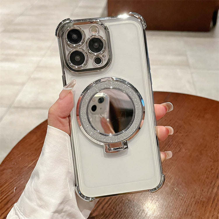 Four-corner electroplated glitter mirror phone case for apple 16 pro, iphone 12/11 with ring stand