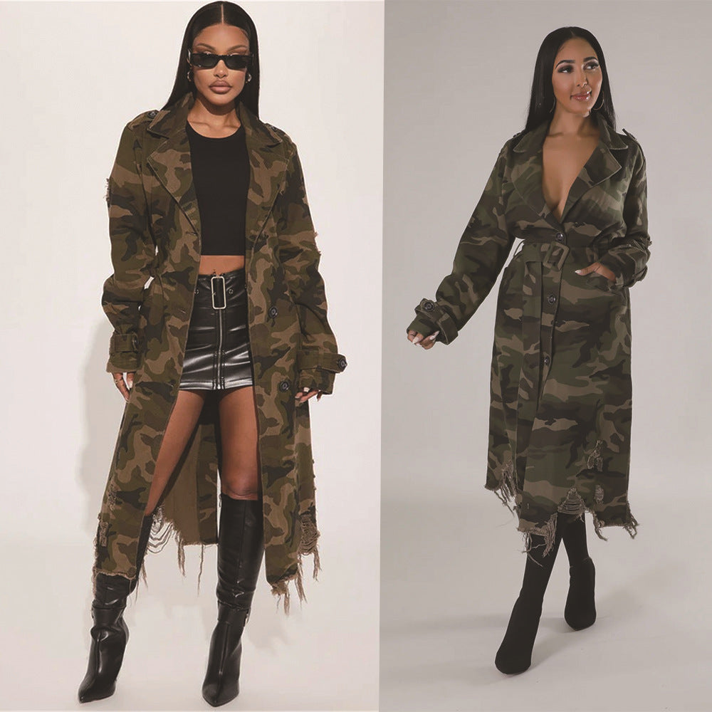 S391323 Cross-border European and American Independent Station  European and American women's clothing hole personality camouflage long trench coat