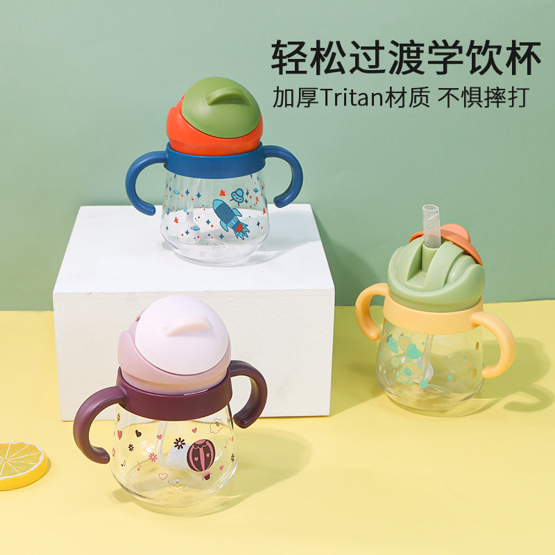 Infant and toddler tritan spill-proof straw cup with handle, suitable for babies aged 1-3 years, anti-choking training cup