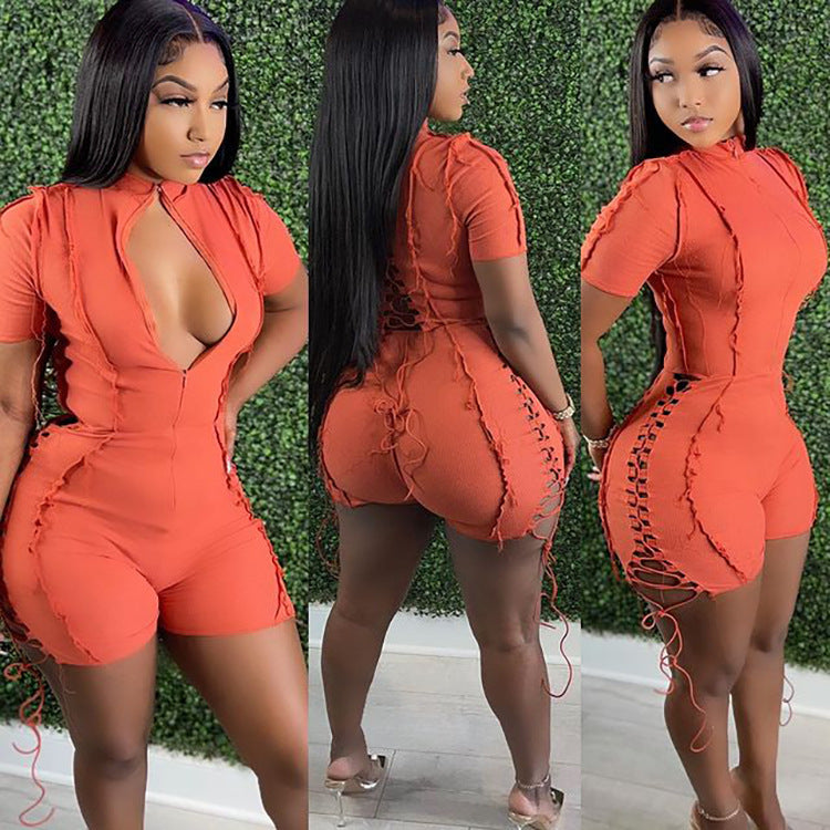 summer hot seller:  foreign trade women's fashion - european and american sexy solid color tie-up short sleeve jumpsuit