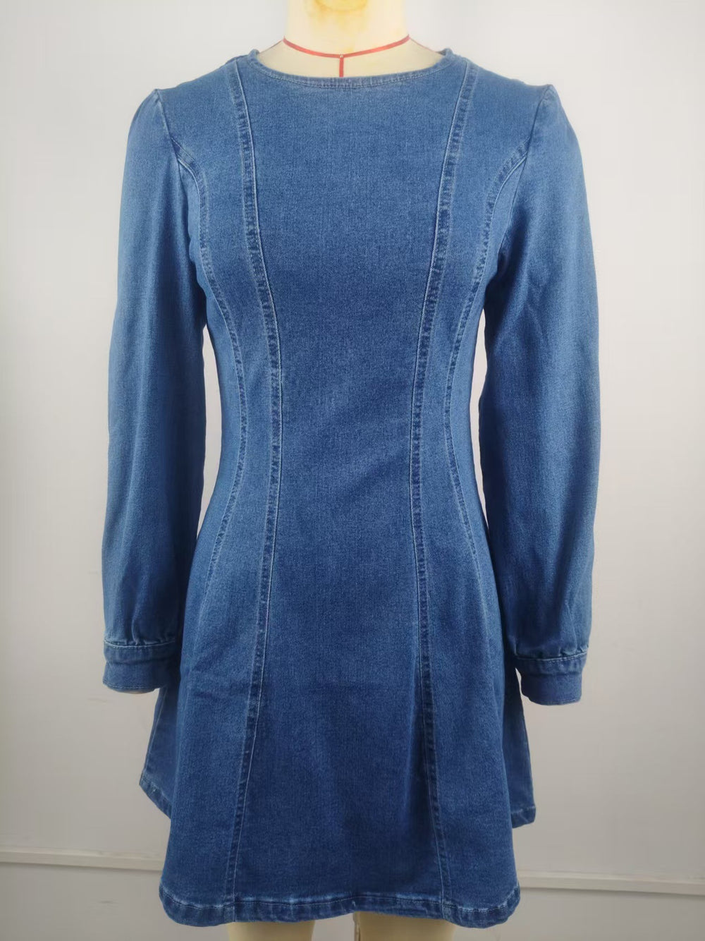 European and american cross-border e-commerce  new round neck slim fit a-line hem washed slimming long sleeve denim dress for women