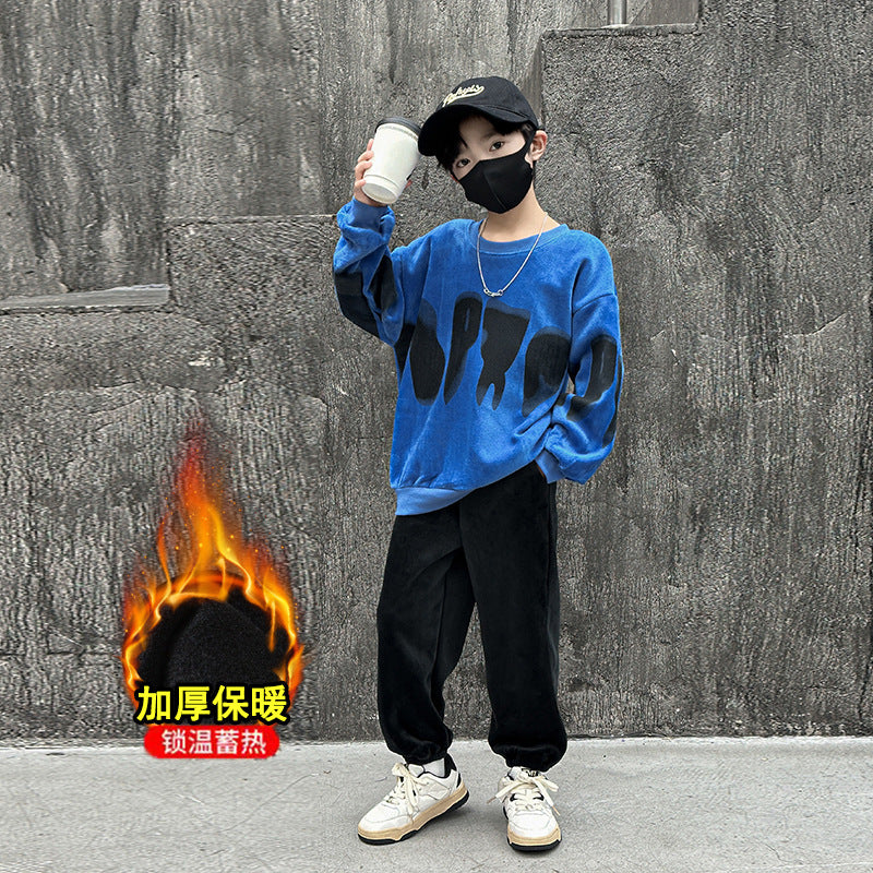 Boys' winter outfit set  new style kids' autumn and winter fashionable sweatshirt baby boy fleece-lined casual tracksuit