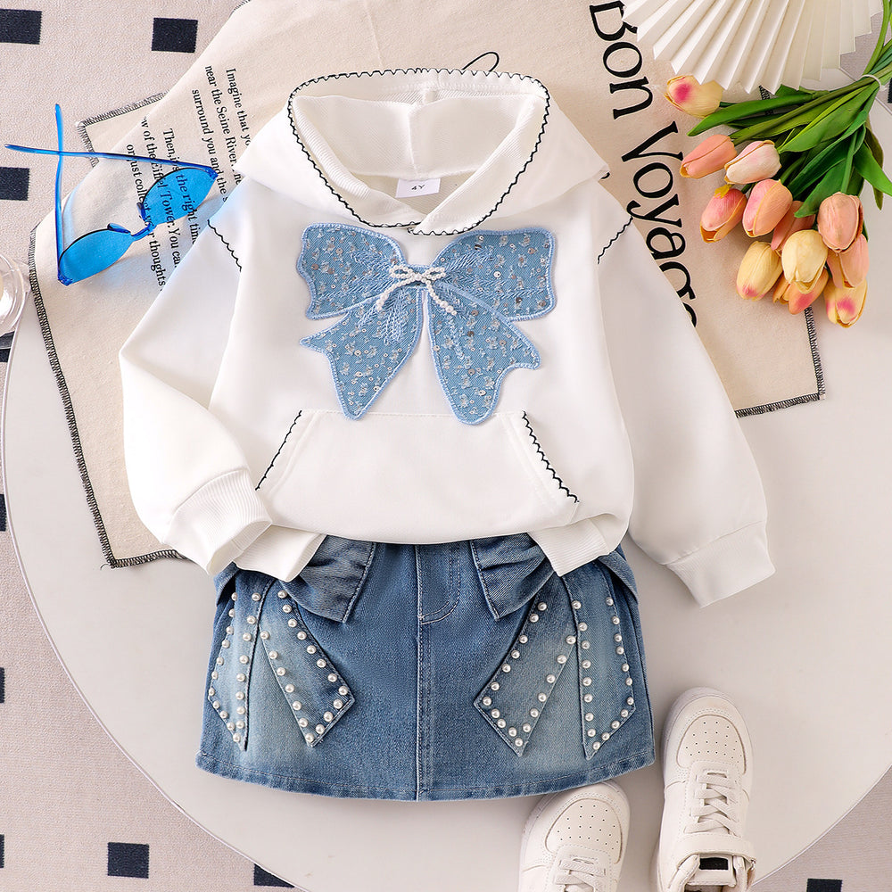 Children's clothing shein cross-border girlsuitwhitesweatshirt+blue skirtsuit