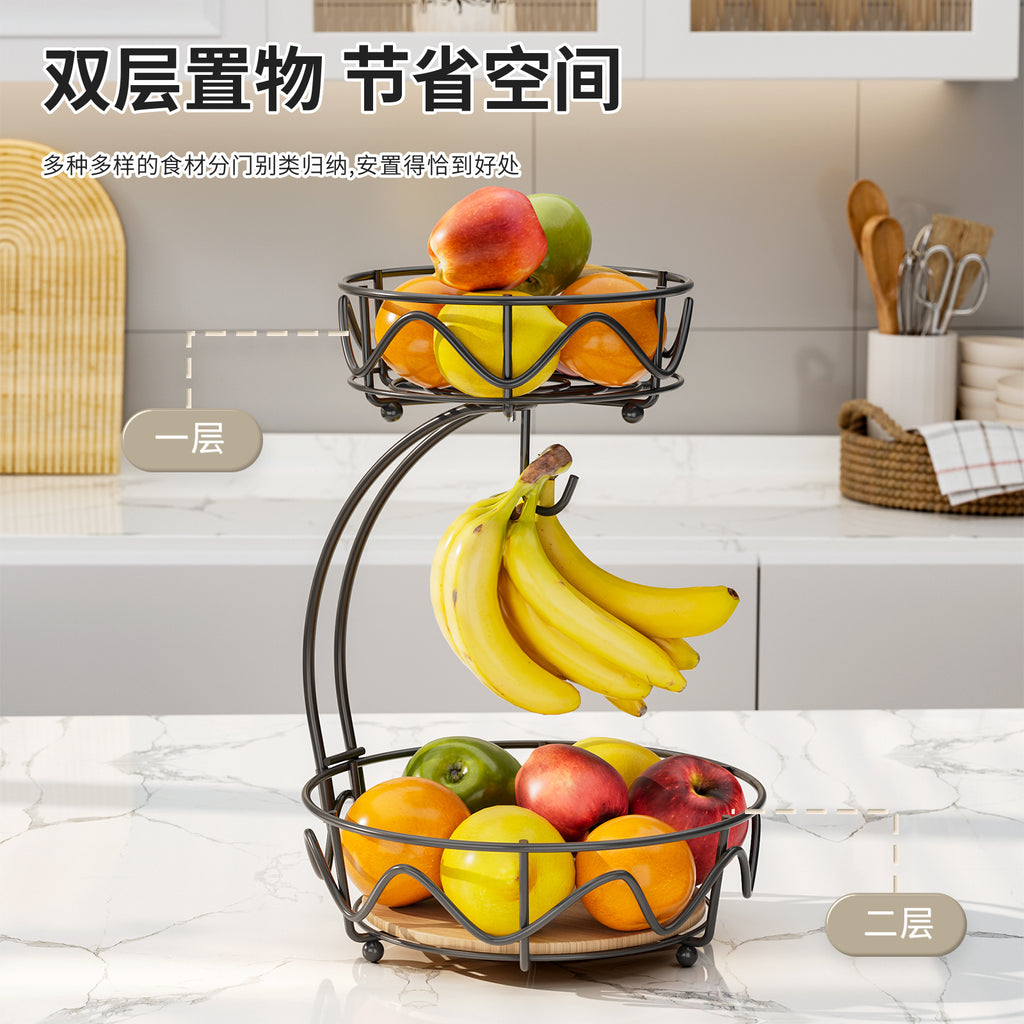 wrought iron fruit basket wooden bottom snack storage fruit plate banana hook round removable fruit and vegetable storage basket