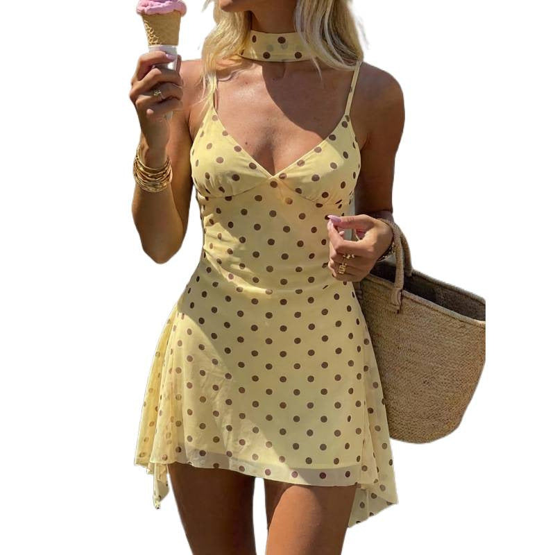 Women's summer sexy vacation mesh polka dot print ruffle hem asymmetrical waist cincher mini slip dress