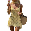 Women's summer sexy vacation mesh polka dot print ruffle hem asymmetrical waist cincher mini slip dress