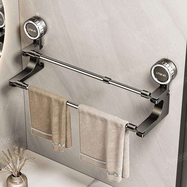 Strong suction cup type double rod rotating telescopic towel rack, no punching wall hanging bath towel storage rack in household bathroom