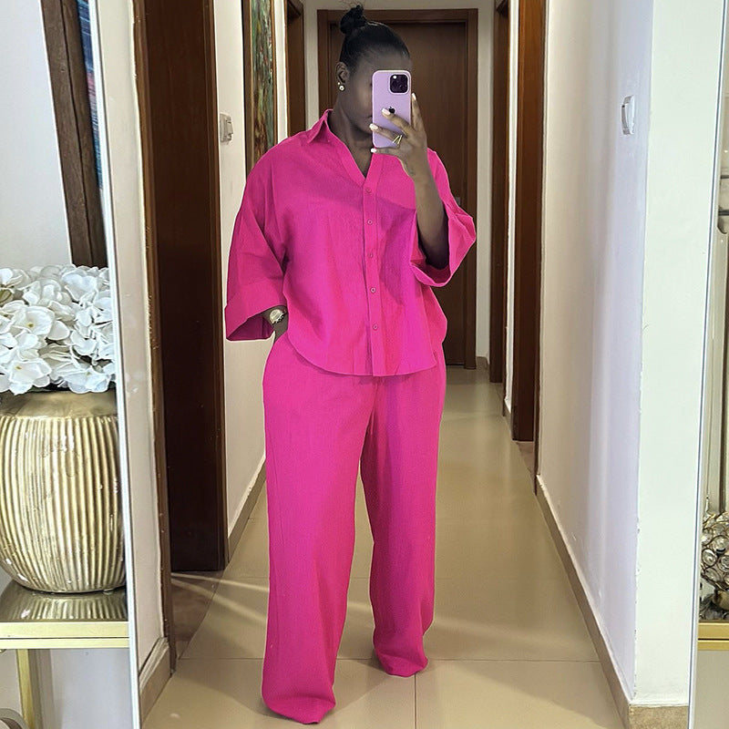 European and american cross-border african women's clothing  spring/summer new fashion solid color turn-down collar loose shirt high-waisted pants set