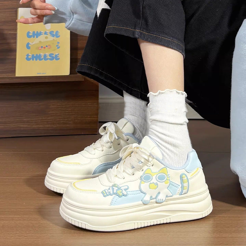 Simple pink women's shoes cute kitten white shoes women  spring and autumn new cartoon student thick solek-style sneakers