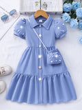 Girls' dress, solid color dress with pearl sleeves + pearl crossbody bag