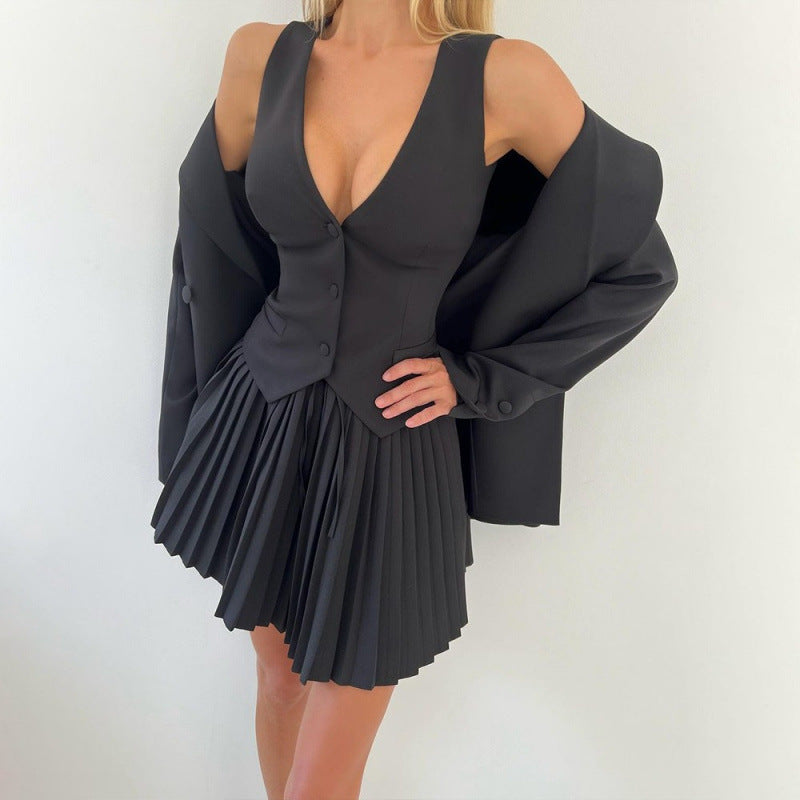 European and american cross-border  fashion two-piece set: women's v-neck single-breasted vest top and pleated mini skirt
