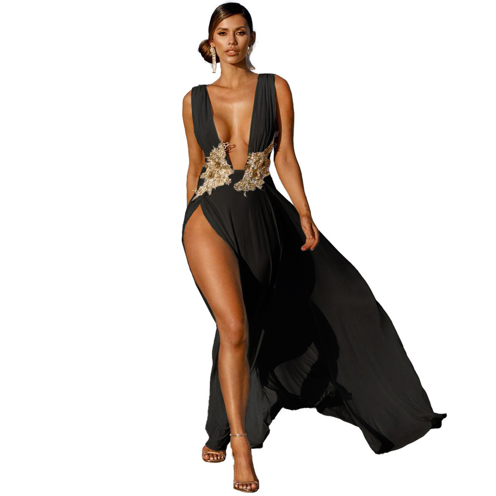 New arrivalfashion women's long skirt sexyfashion wedding evening dress deep v high slit part large swing mop long skirt