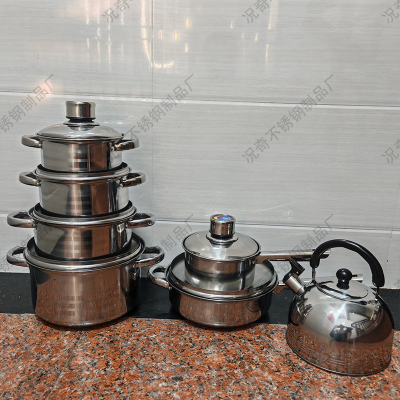 Thermometer suit pot export africa stainless steel multi bottom 14-piece pot set non-stick frying pan milk pot soup pot cookware