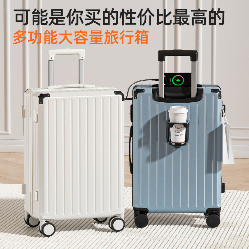 Luggage 24-inch multi-functional suitcase with cup holder, strong and durable trolley case 20-inch password box, large capacity