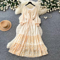 K-styleretro polka dot floral dress women's springlong sleevesv neck waist a-line skirtelegantslimming lookwork clothing skirt