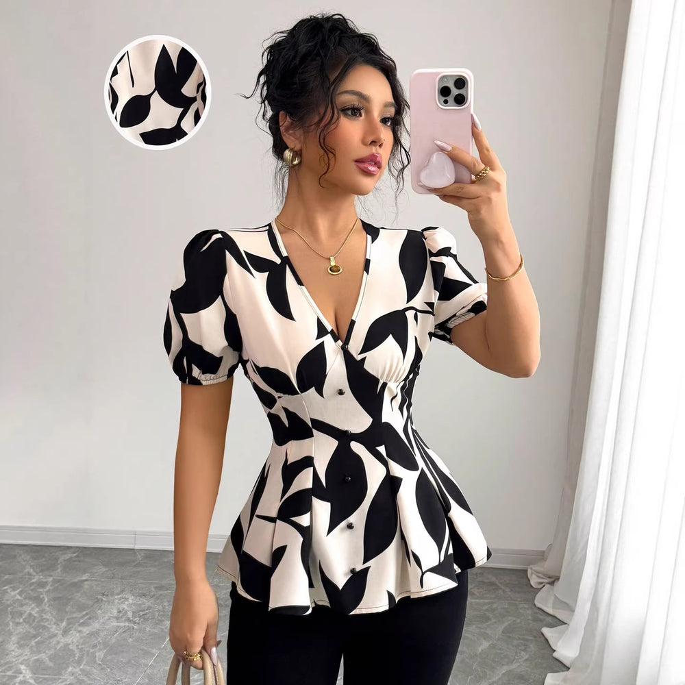 European and american cross-border women's summer  v-neck puff sleeve cinched waist printed design commuter blouse