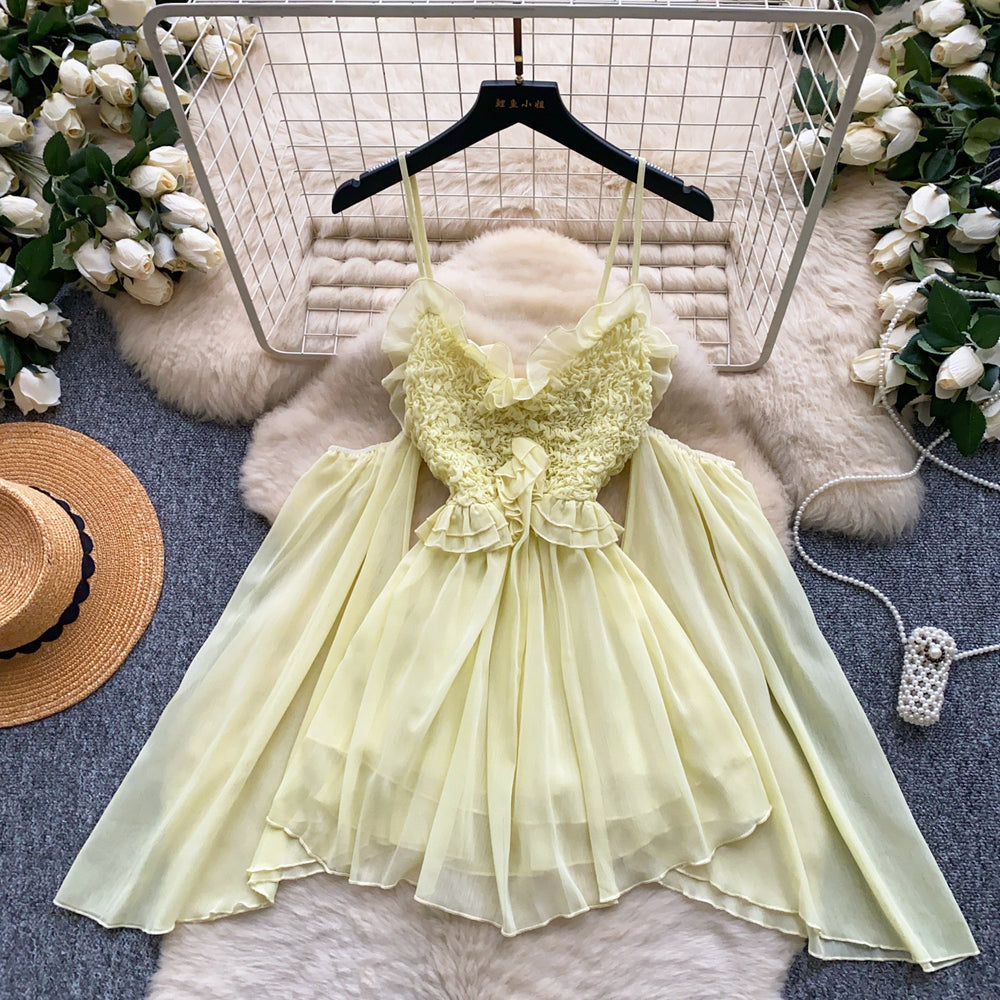 Korean style commute chic pink sweet spaghetti strap dress - women's summer ruched off-shoulder elegant high-end girly dress
