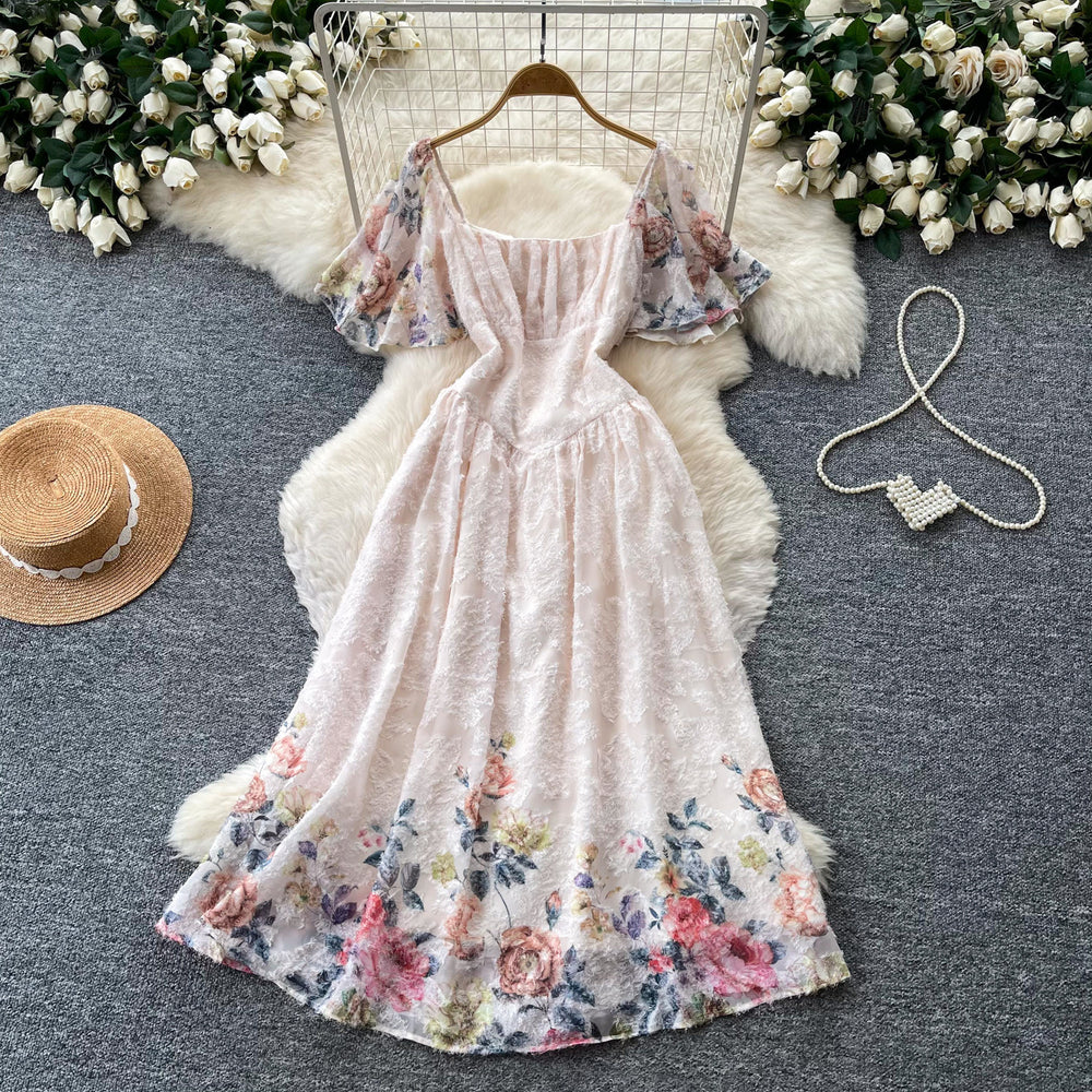Vacation style floralsprintingsweetdress women's summer flying sleeves square neck high waist silmdraped large hem long skirt