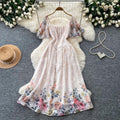 Vacation style floralsprintingsweetdress women's summer flying sleeves square neck high waist silmdraped large hem long skirt