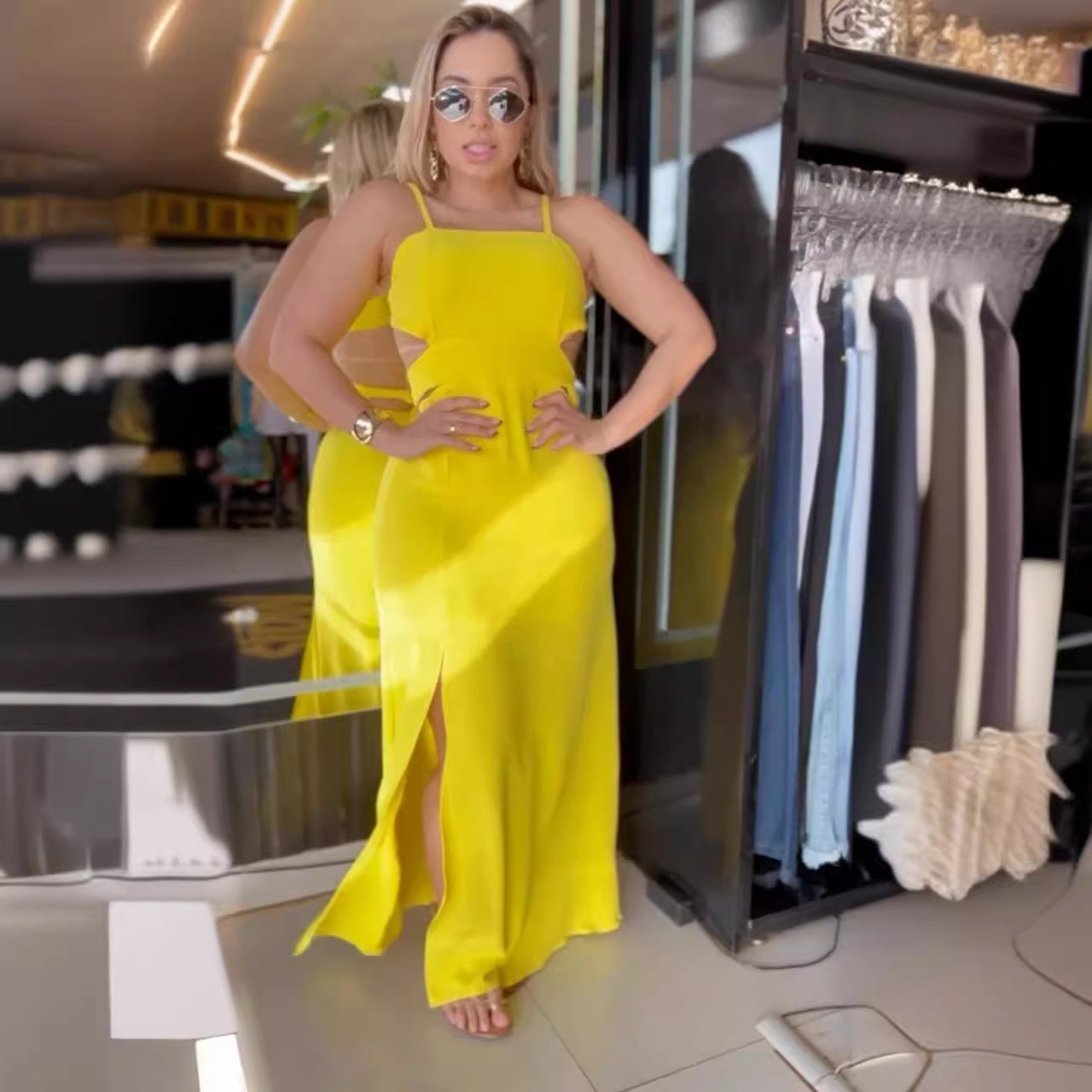 S10790 European and American, solid color suspender split hip strap backless dress