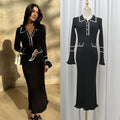 fashion style fall and winterfrench socialitelong sleevesdress lapel button fungus edge knitting skirtlong sleeves