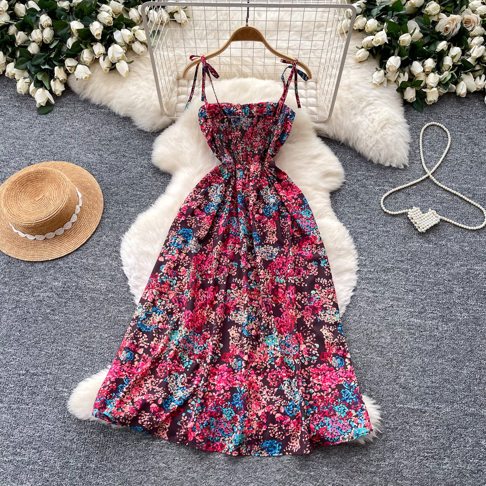 French-inspired floral print camisole dress for women, perfect for summer. korean style, sleeveless, high-waisted a-line silhouette, slimming and elegant maxi dress
